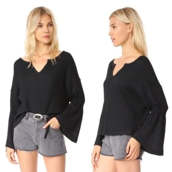 Free People Tops - We the free Free People thermal bell sleeve waffle knit shirt-black-Medium